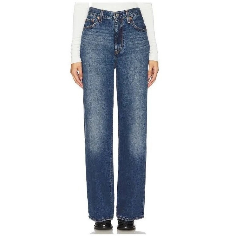 Levi's Women Ribcage Wide Leg Jeans 25/31 Dark Wash High Rise Raw Hem Denim